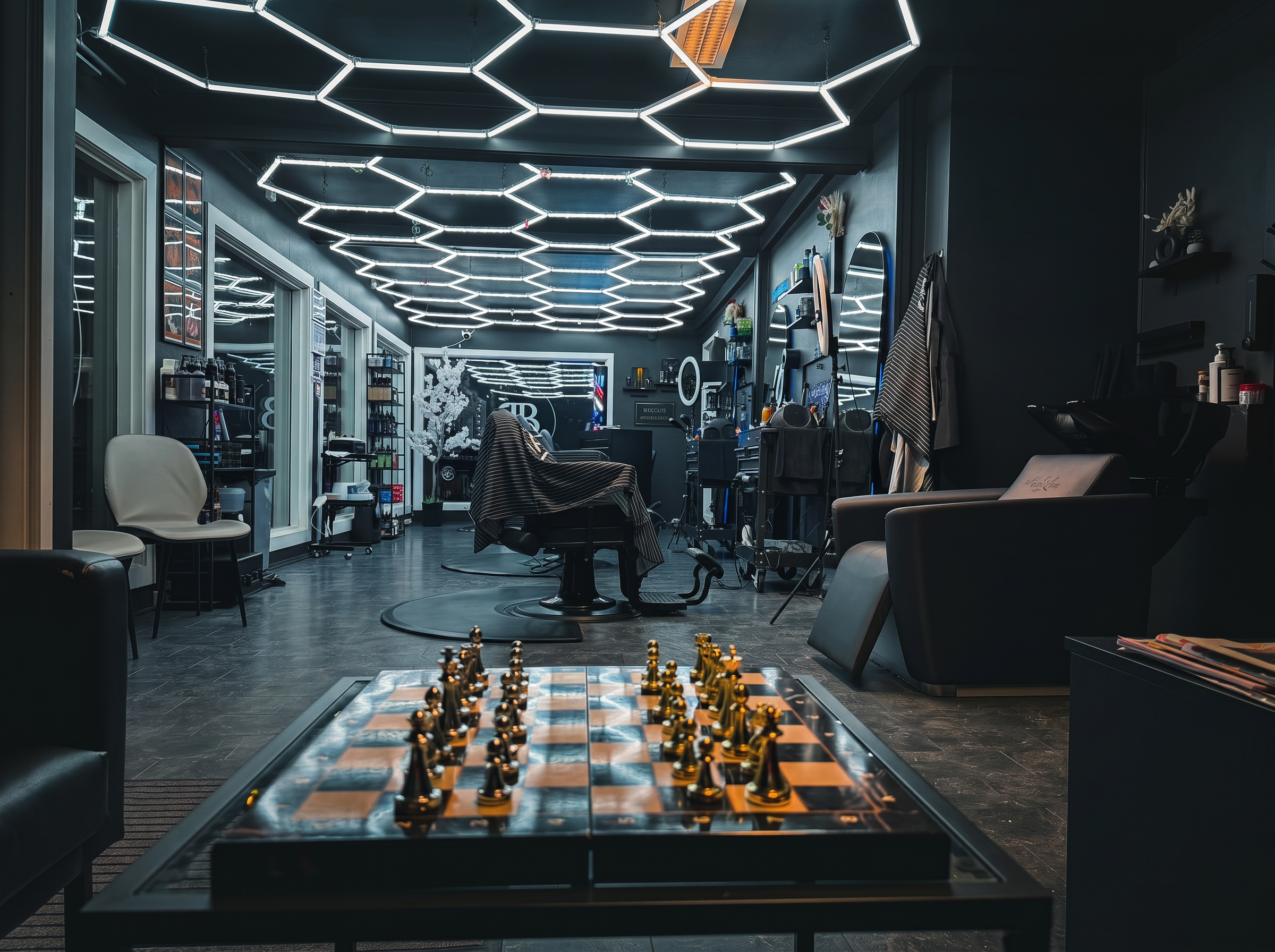 Premium interiør hos Blessed Barbershop med heksagonal belysning og barberstol